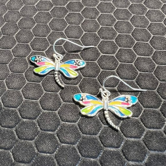 DragonFly Earrings Multicolored 18K White Gold Plated - Picture 1 of 1